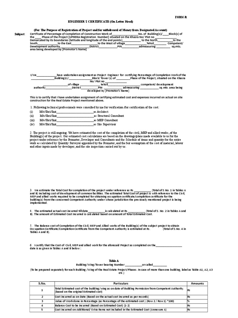 Engineers Certificate PDF Cost Percentage