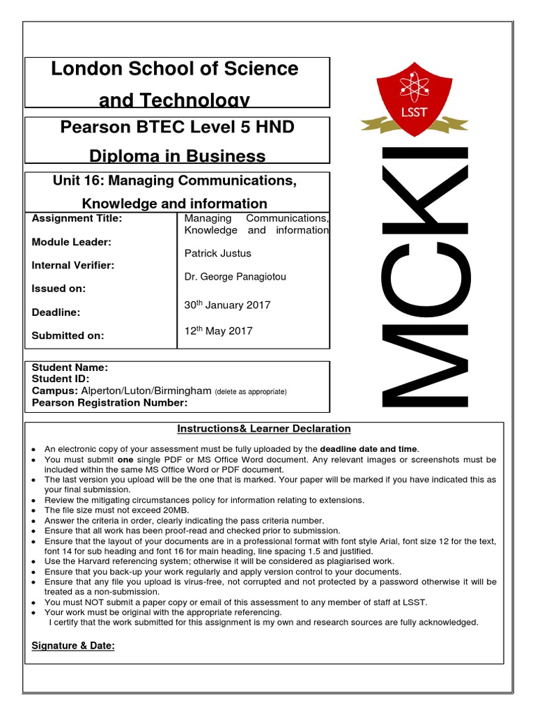 London School of Science and Technology Pearson BTEC Level 5 HND