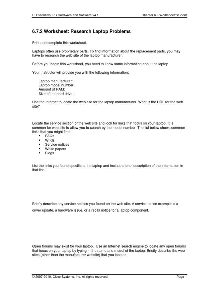 6.7.2 Worksheet: Research Laptop Problems: IT Essentials: PC Hardware ...