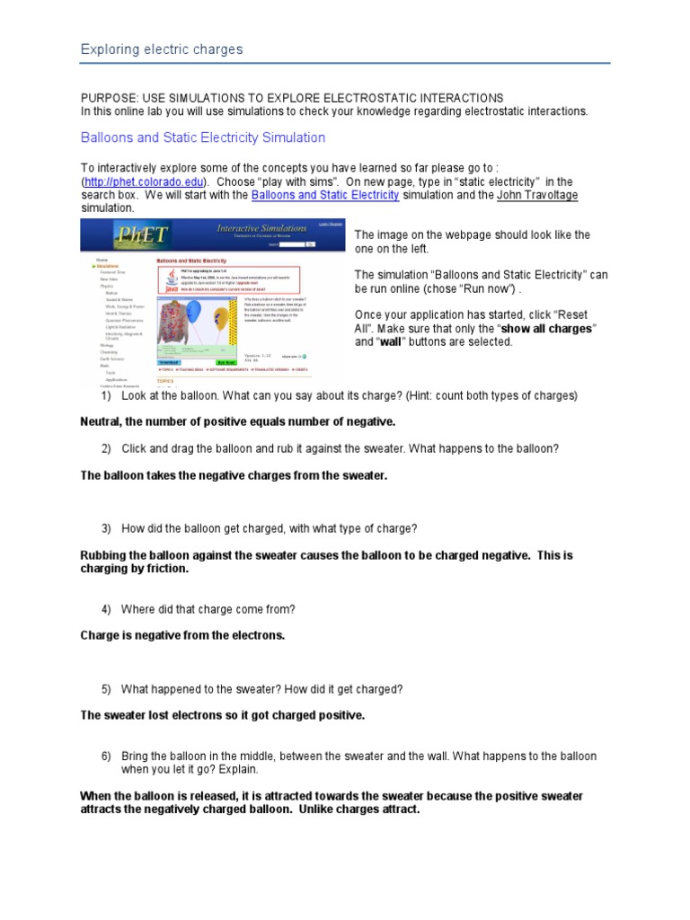 Balloon and Travoltage Answers  PDF  Electric Charge Within Static Electricity Worksheet Answers