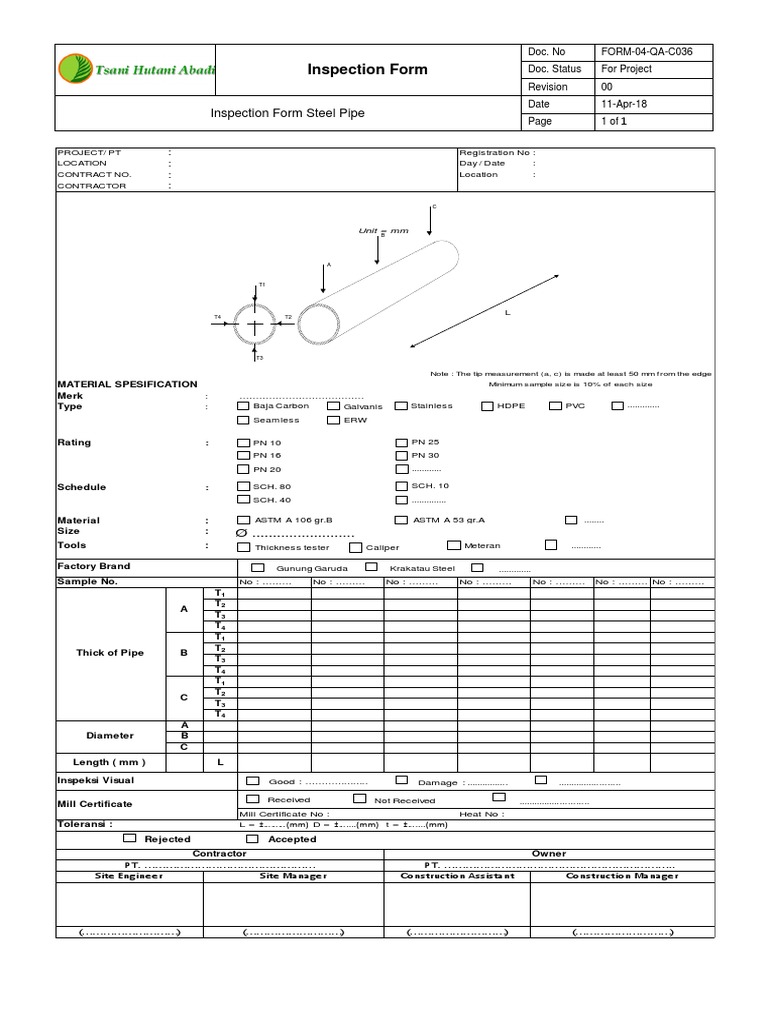 Steel Pipe Inspection Form Template | PDF | Pipe (Fluid Conveyance ...