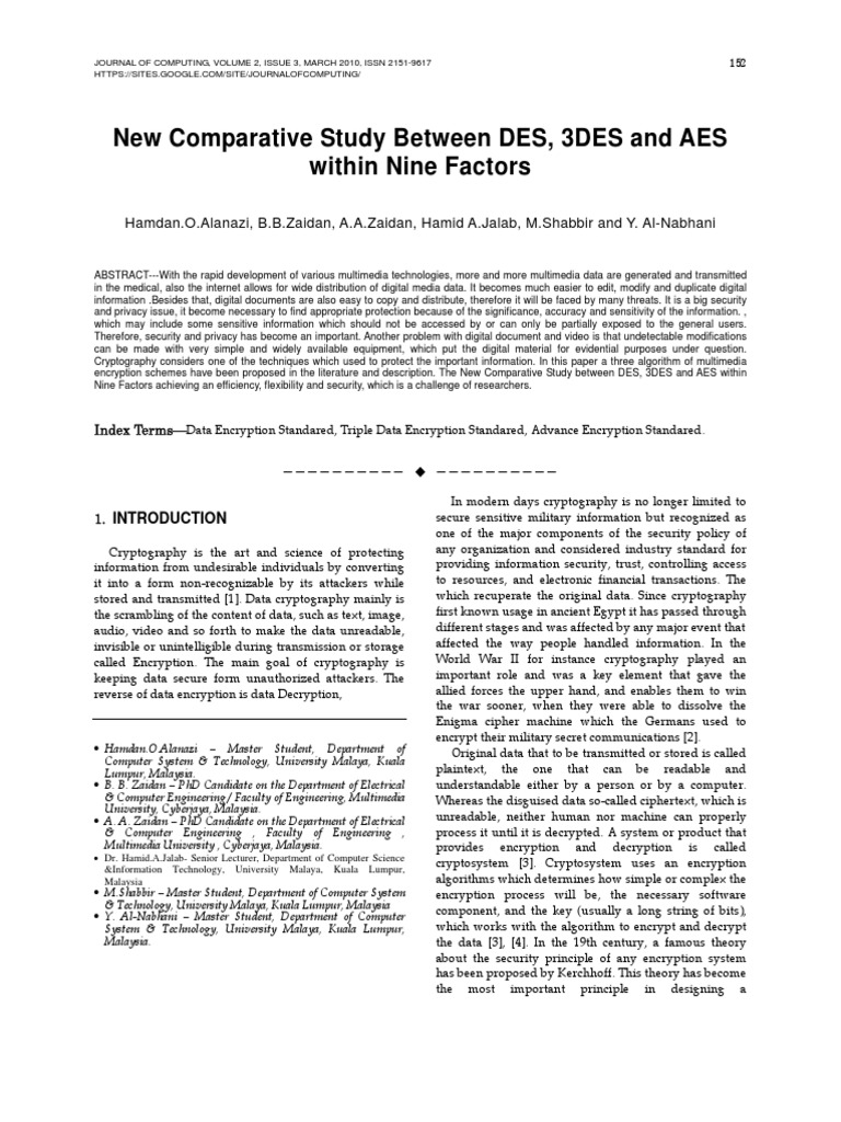 New Comparative Study Between DES, 3DES and AES Within Nine Factors ...