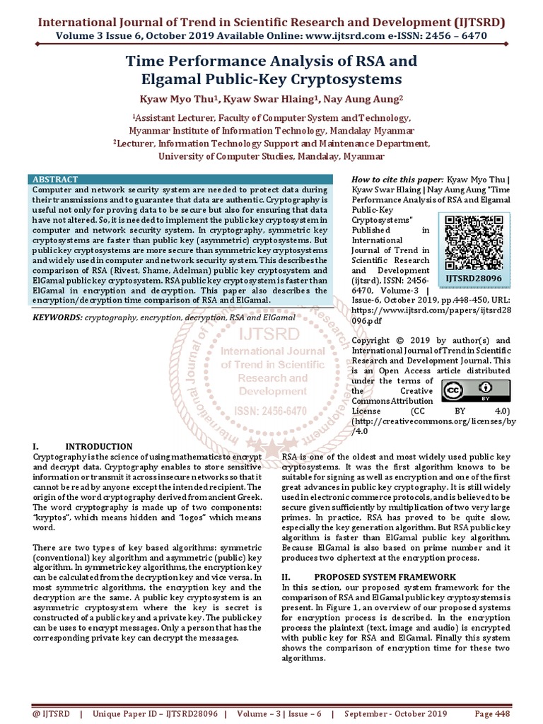 Time Performance Analysis Of Rsa And Elgamal Public Key Cryptosystems Cryptography Public Key Cryptography