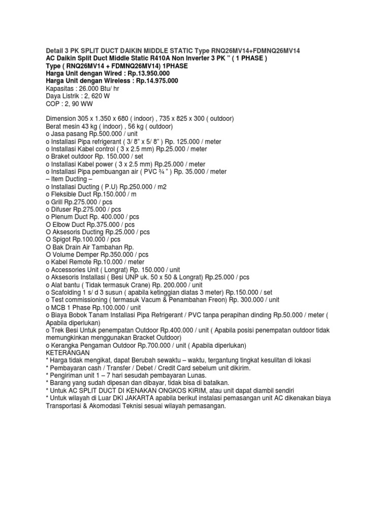 Daikin Split Duct Air Conditioning System Installation Specifications