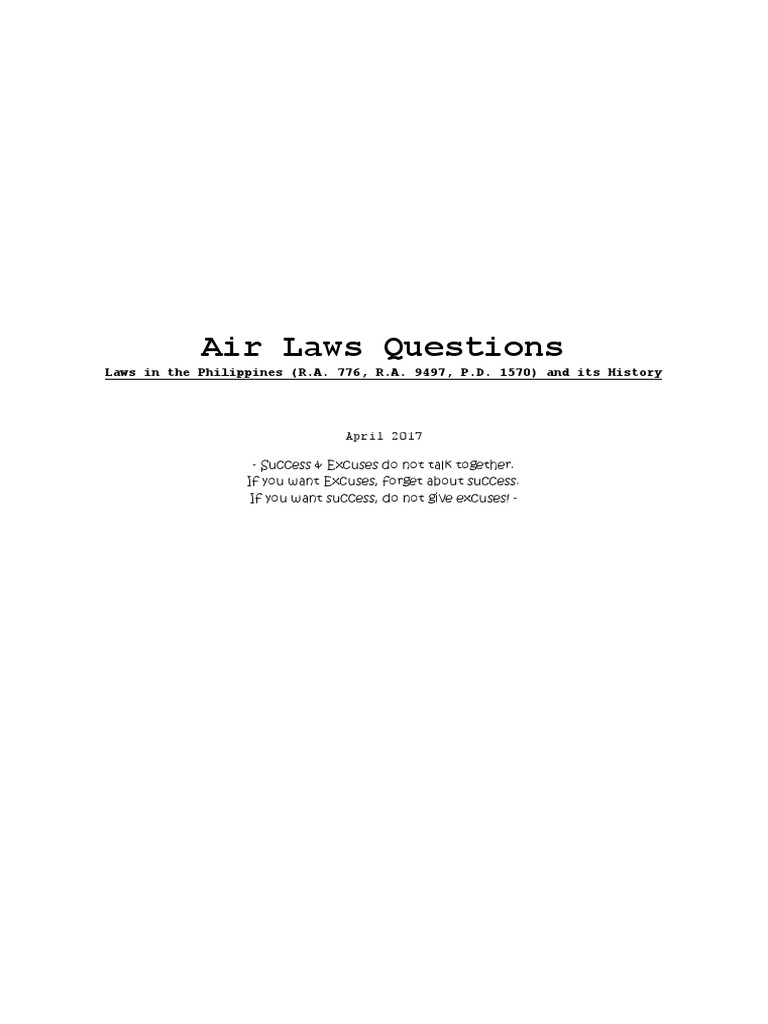 Air Laws Questions Laws in The Philippines (R.A. 776, R.A. 9497, P.D