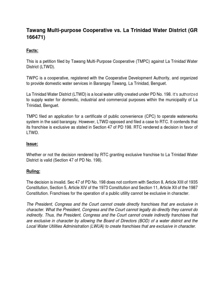 Tawang MultiPurpose Cooperative vs. La Trinidad Water District (GR