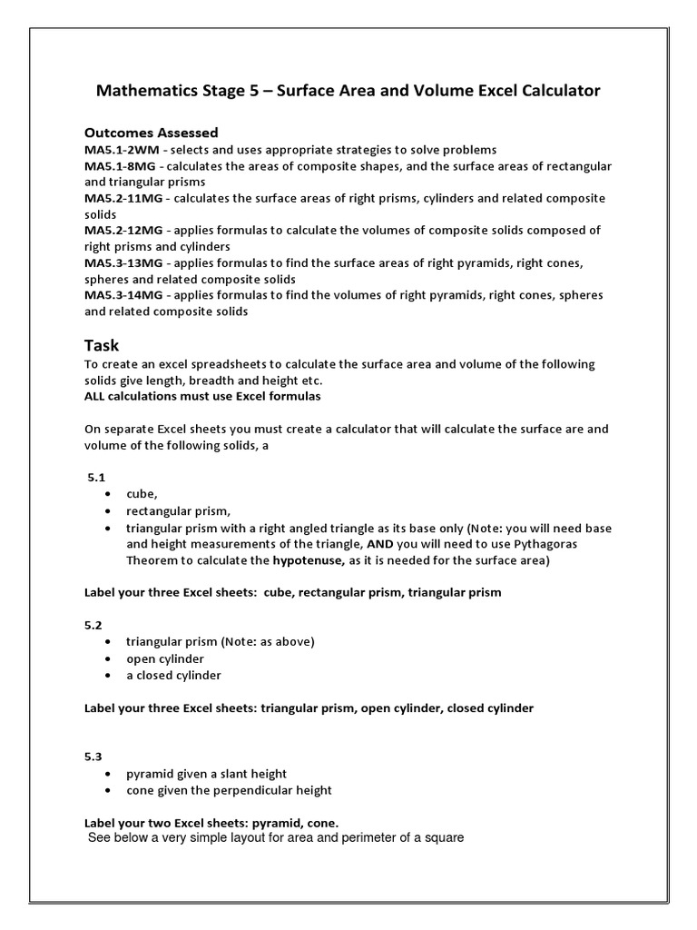Excel Calculator Surface Area And Volume Volume Area