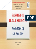 Ranklist of Honor Students: Grade 12 (SHS) S.Y. 2018-2019