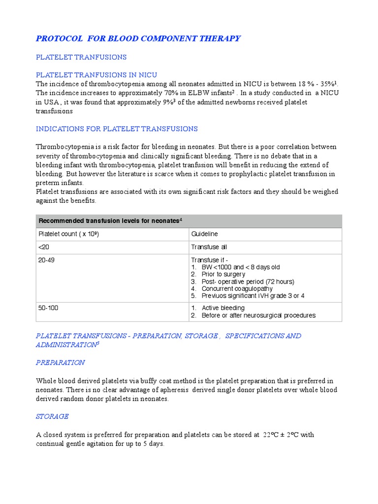 Neonatal Platelet and Plasma Transfusion Protocol | PDF | Blood ...