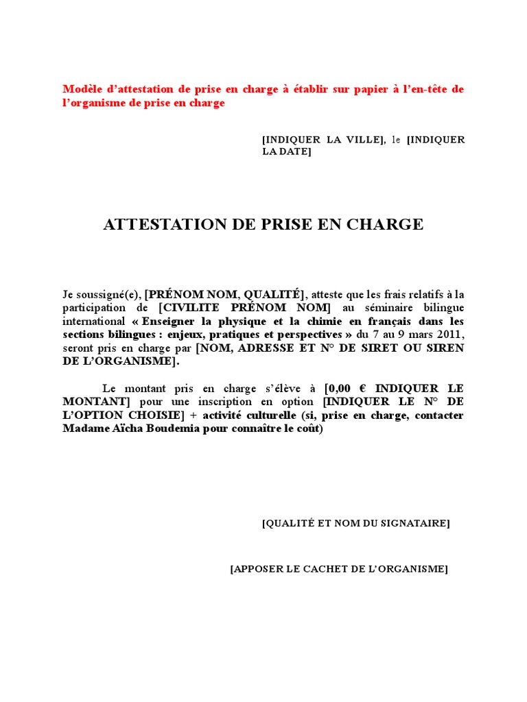 Modele Attestation Prise en Charge