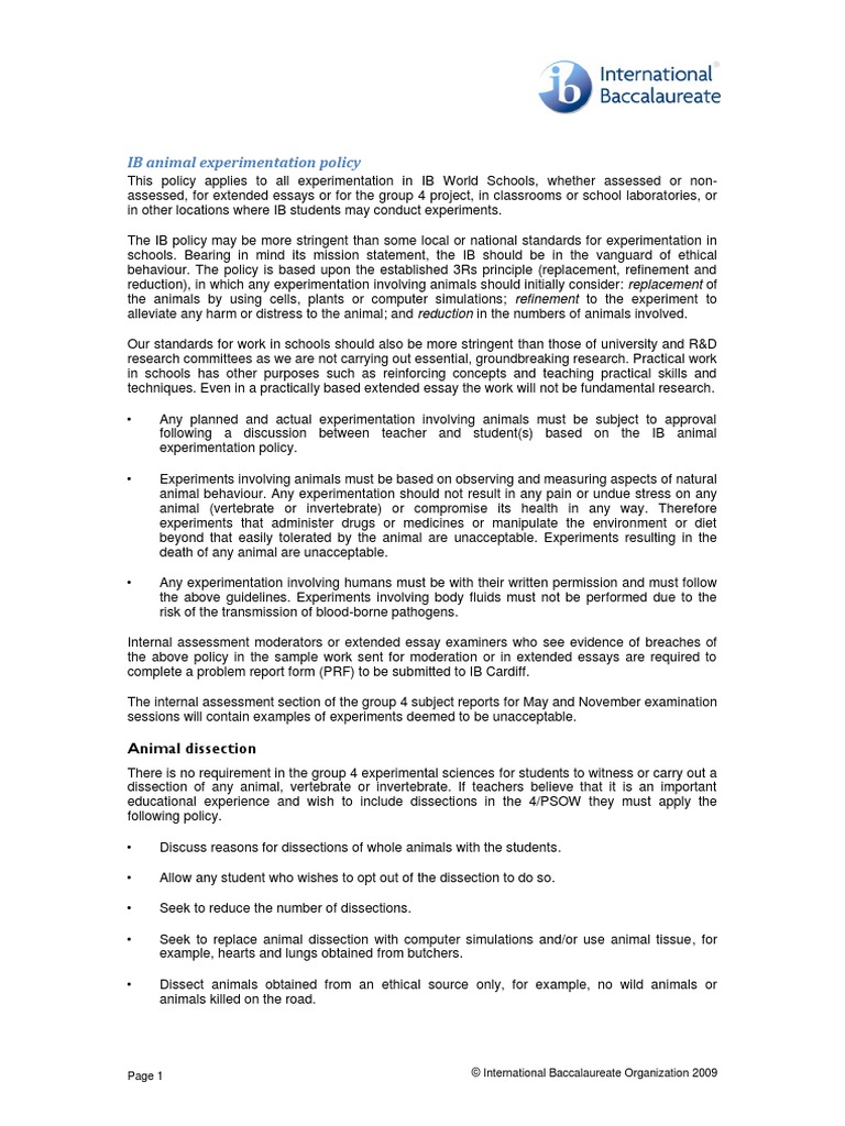 IB Animal Experimentation Policy PDF Animal Testing Experiment