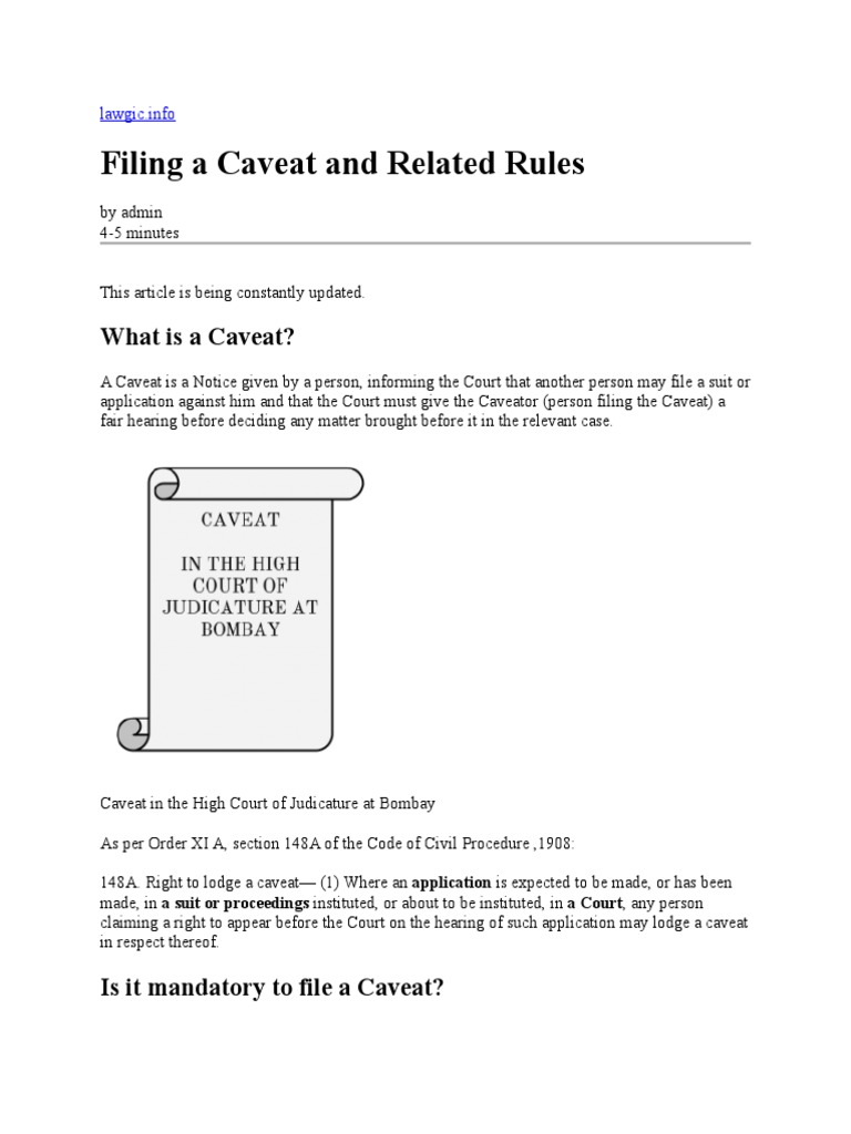 Filing A Caveat and Related Rules | PDF | Tribunal | Lawsuit