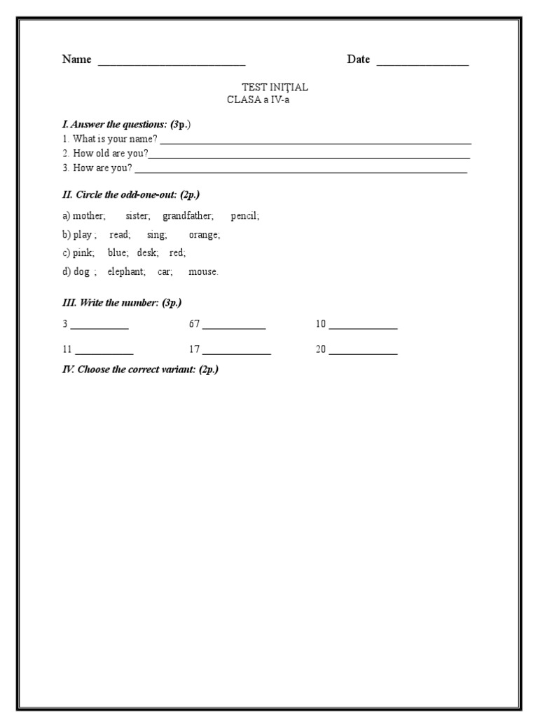 Initial Test for 4th Grade Students | PDF | Language Arts & Discipline