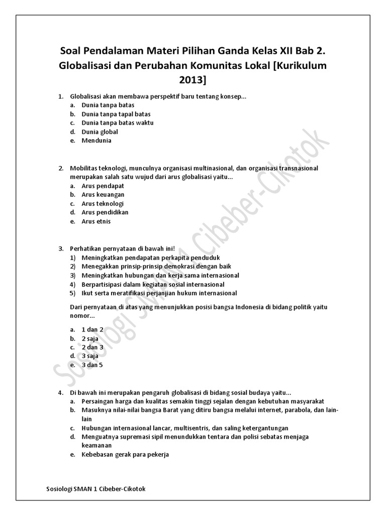 2 Soal Pendalaman Materi Pilihan Ganda Kelas Xii Bab 2 Globalisasi Dan Perubahan Komunitas Lokal Kurikulum 2013 Pdf