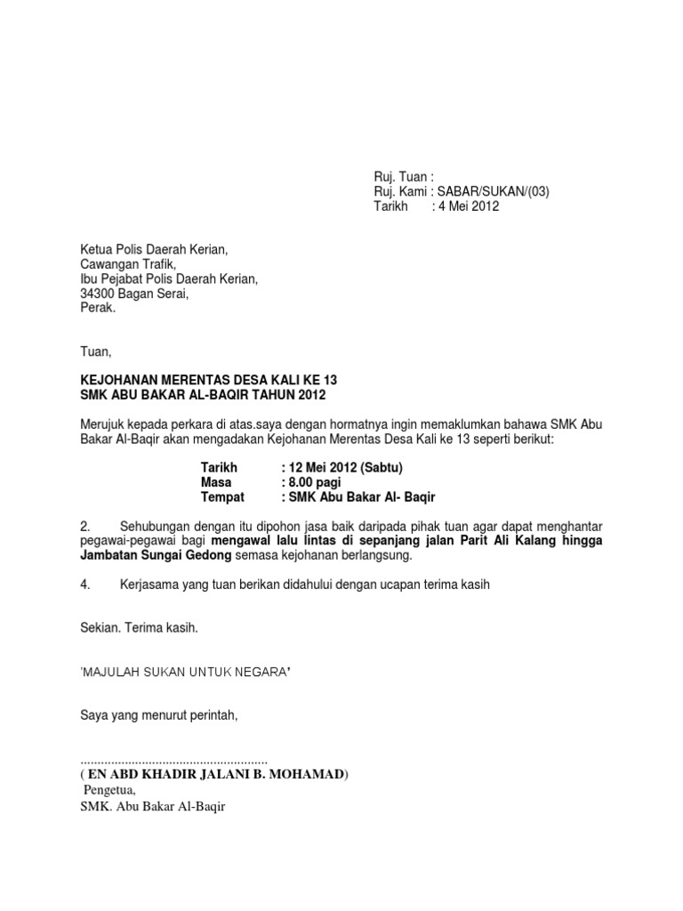 Contoh Surat Mohon Bantuan Polis