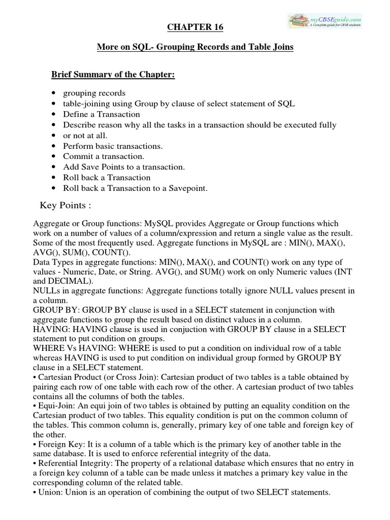 SQL Grouping and Joins Guide | PDF | Table (Database) | Databases