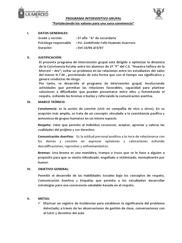 Programa de Intervencion Grupal de Prado 4to A | PDF | Metafísica de la ...