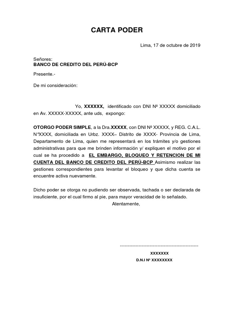 Carta Poder-Bcp-Rtencion y Bloqueo de Su Cuenta | PDF
