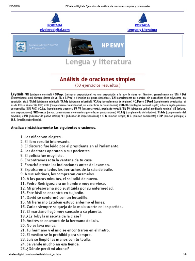 El Velero Digital - Ejercicios de Análisis de Oraciones Simples y ...