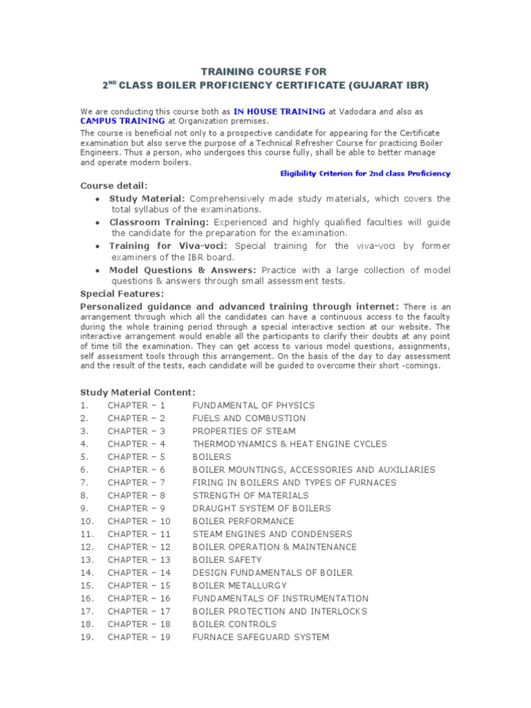 Training Course For 2 Class Boiler Proficiency Certificate (Gujarat Ibr