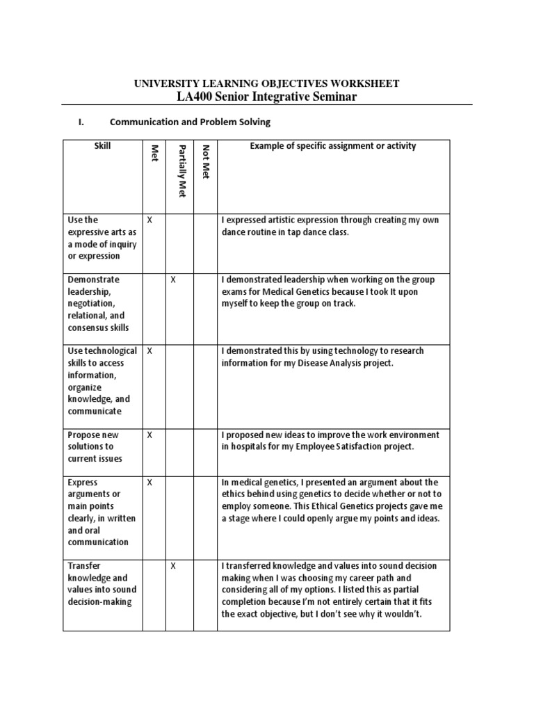 LA400 Senior Integrative Seminar: University Learning Objectives ...