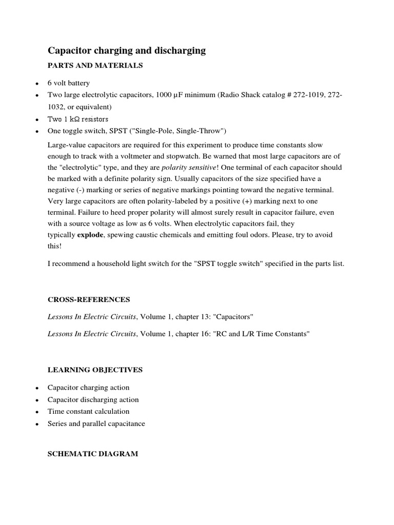 Capacitor Charging and Discharging Experiment | PDF | Capacitor ...