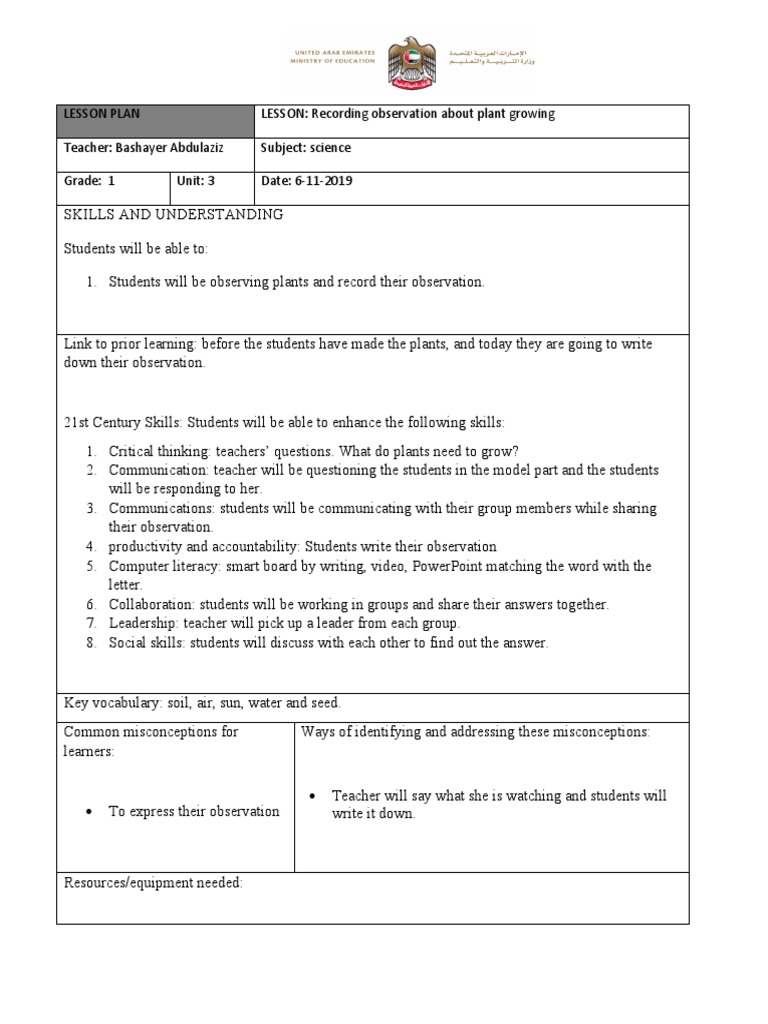 Plant Observation Lesson Plan for Grade 1 | PDF | Lesson Plan | Teachers
