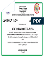 Oral exam & fluoride application certificate for Benito Jamboree G. Silva