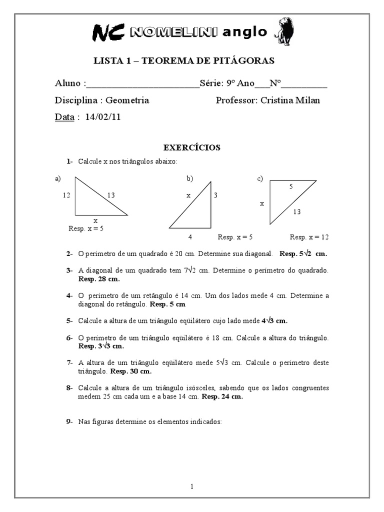 Exercícios do Teorema de Pitágoras 9º Ano | PDF | Triângulo | Geometria ...