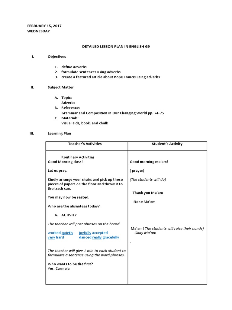 Lesson Plan on Adverbs for Grade 9 | PDF | Adverb | Verb