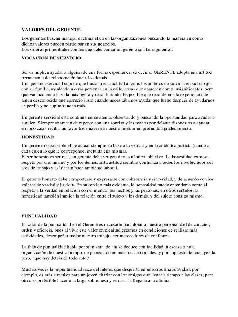 Valores Del Gerente | PDF | Actitud (psicología) | Justicia