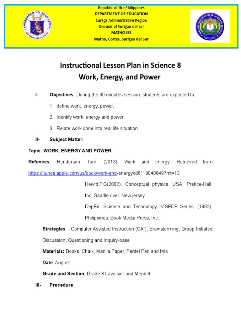 Lesson Plan: Work, Energy, and Power | PDF | Lesson Plan | Force