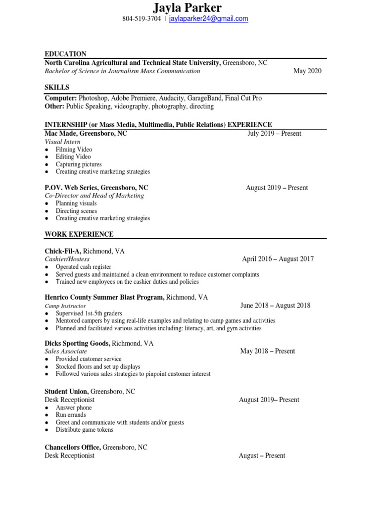 Jayla's NCAT Resume | Download Free PDF | Communication | Mass Media