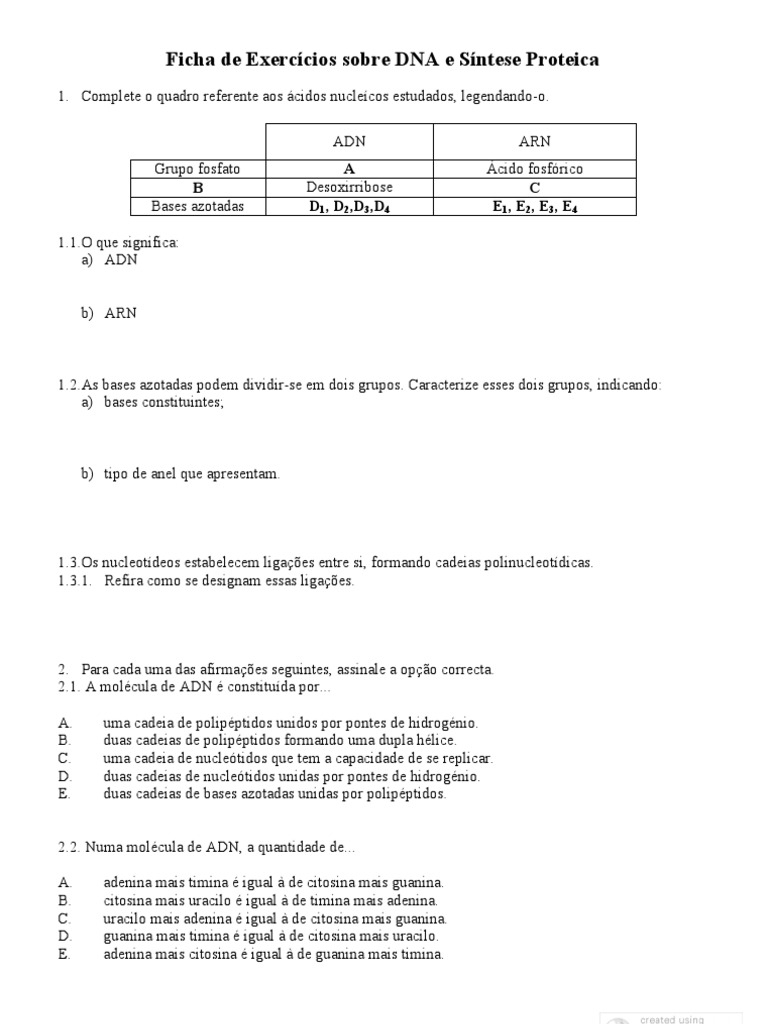 Exercícios sobre DNA e Síntese Proteica | PDF | Código genético | RNA