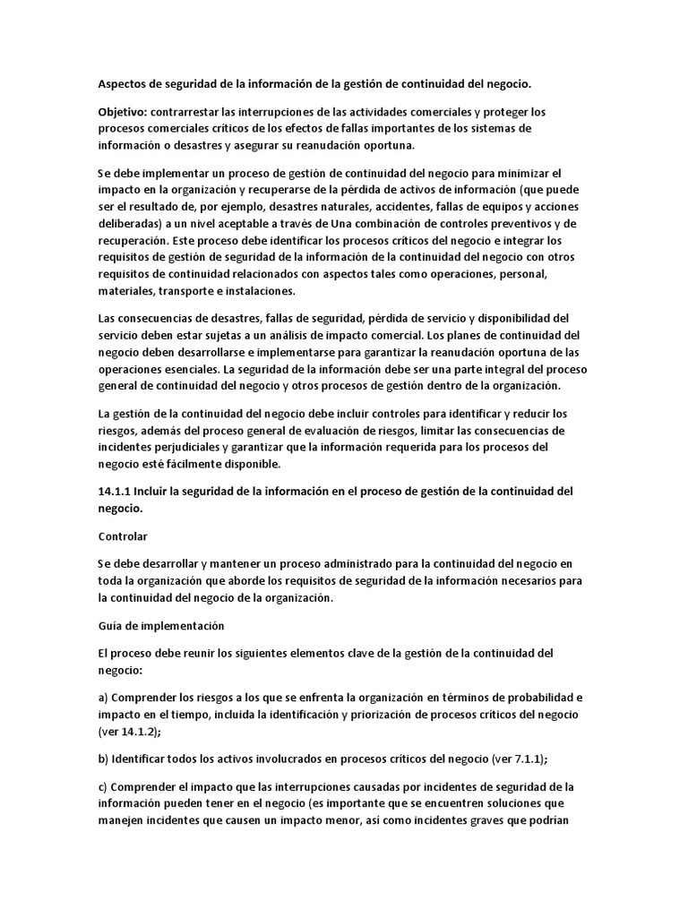 Seguridad en la Continuidad del Negocio | PDF | Seguridad de ...