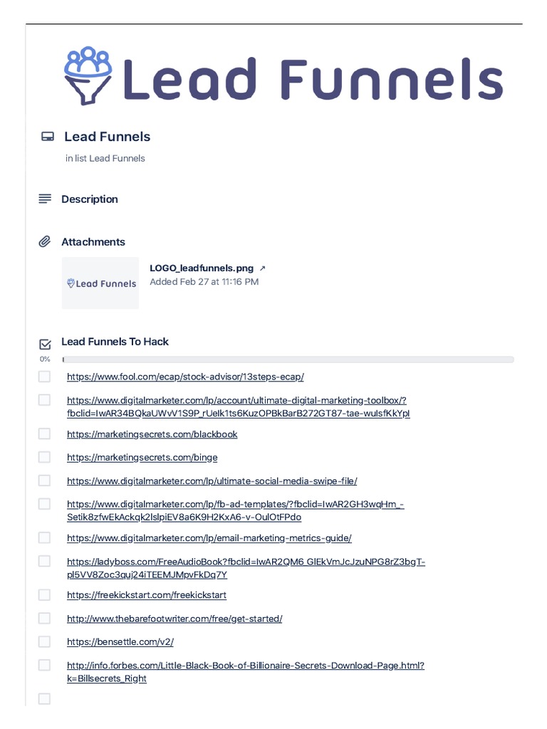 Lead Funnels On Funnel Swipe File - Trello | PDF