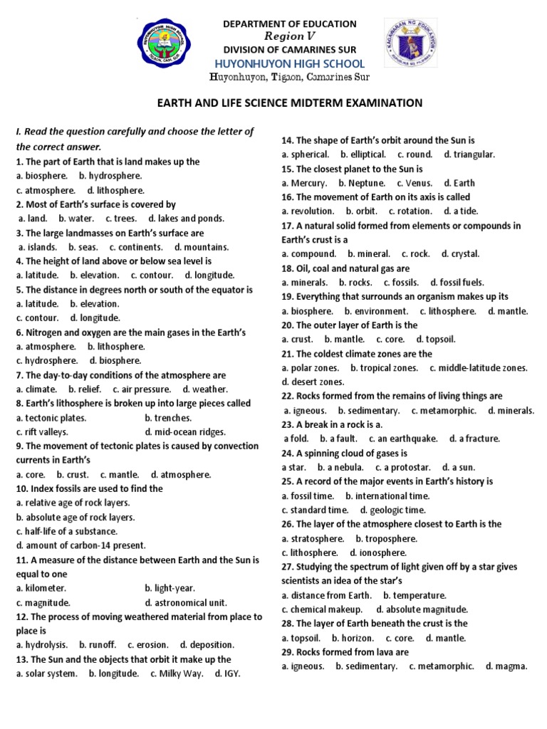 Earth and Life Science Midterm Exam | PDF | Earth | Sedimentary Rock