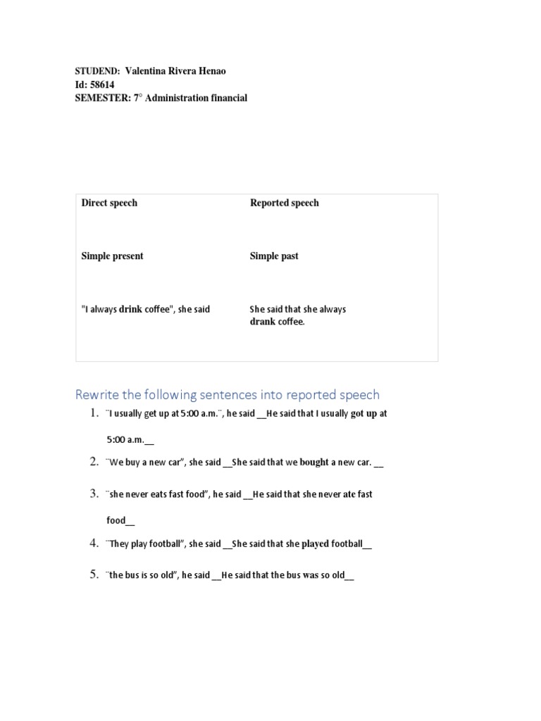 Rewrite The Following Sentences Into Reported Speech | PDF