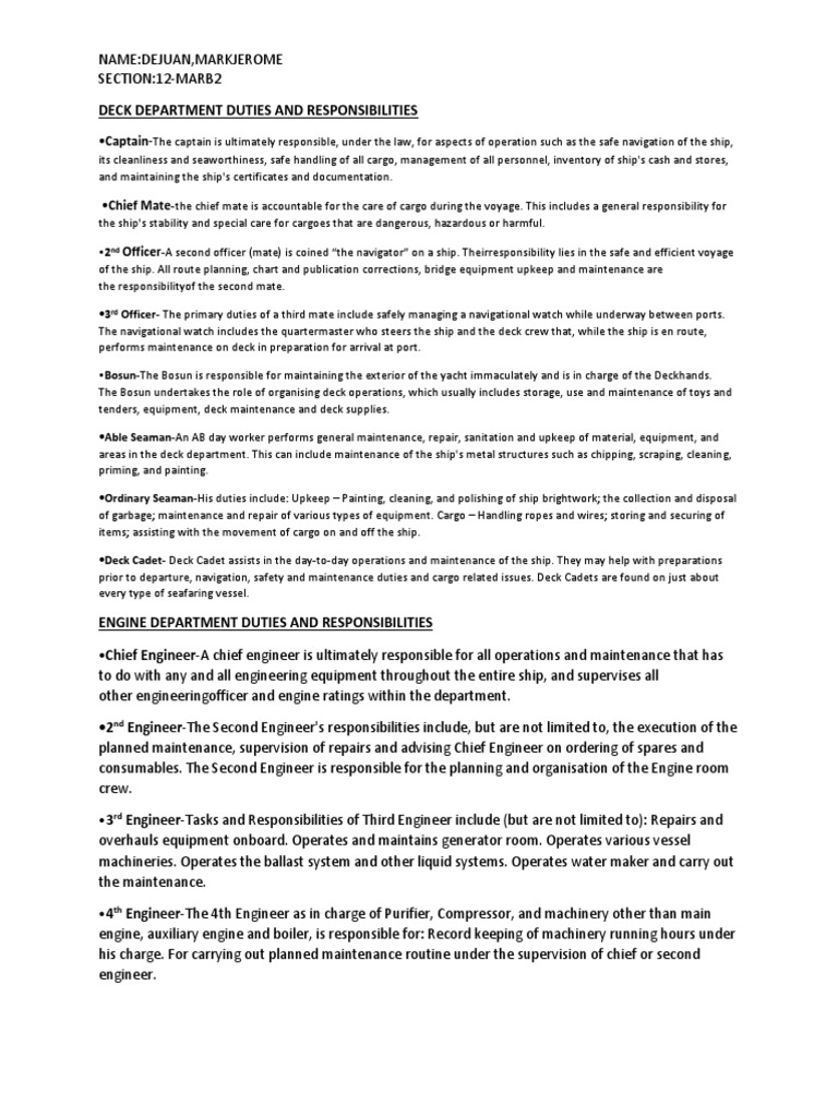 Duties and Responsibilities PDF Ships Water Transport