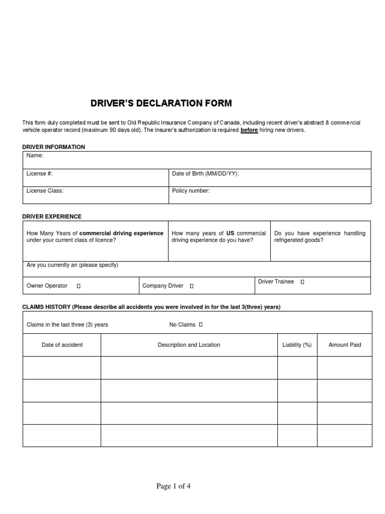 Driver Declaration Form Template | PDF | Vehicle Insurance | Insurance