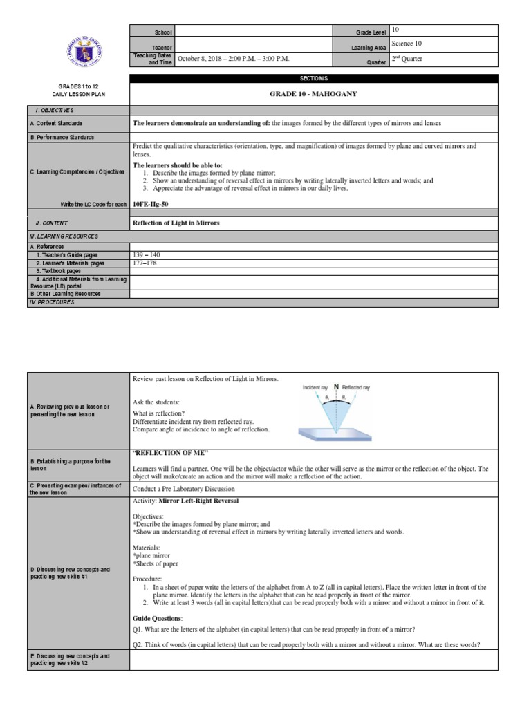 Mirror Reflection Lesson Plan | PDF | Mirror | Reflection (Physics)