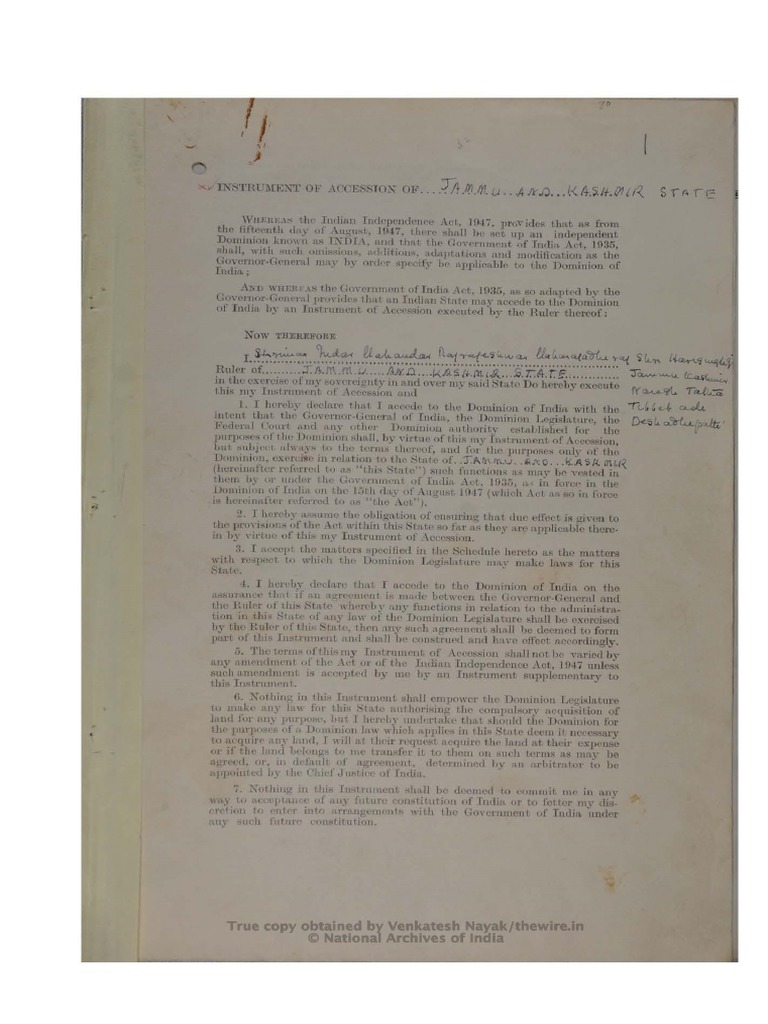 Instrument of Accession and Standstill Agreement of Jammu and Kashmir