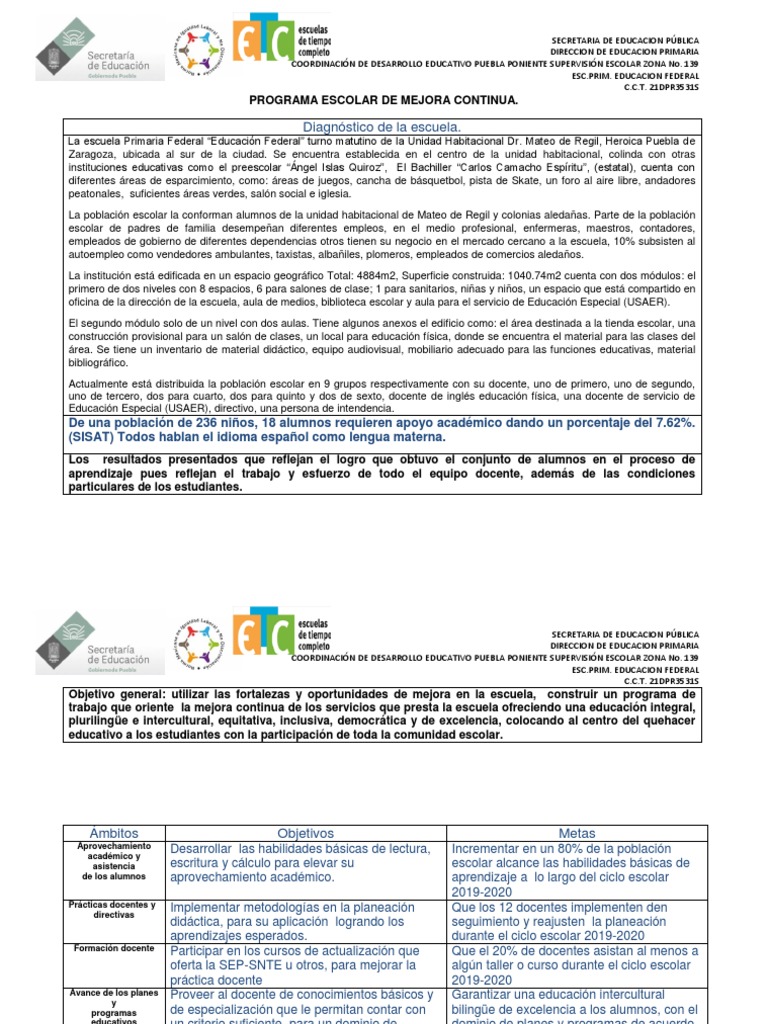 Programa Escolar de Mejora Continua 2025 | PDF | Educación primaria ...