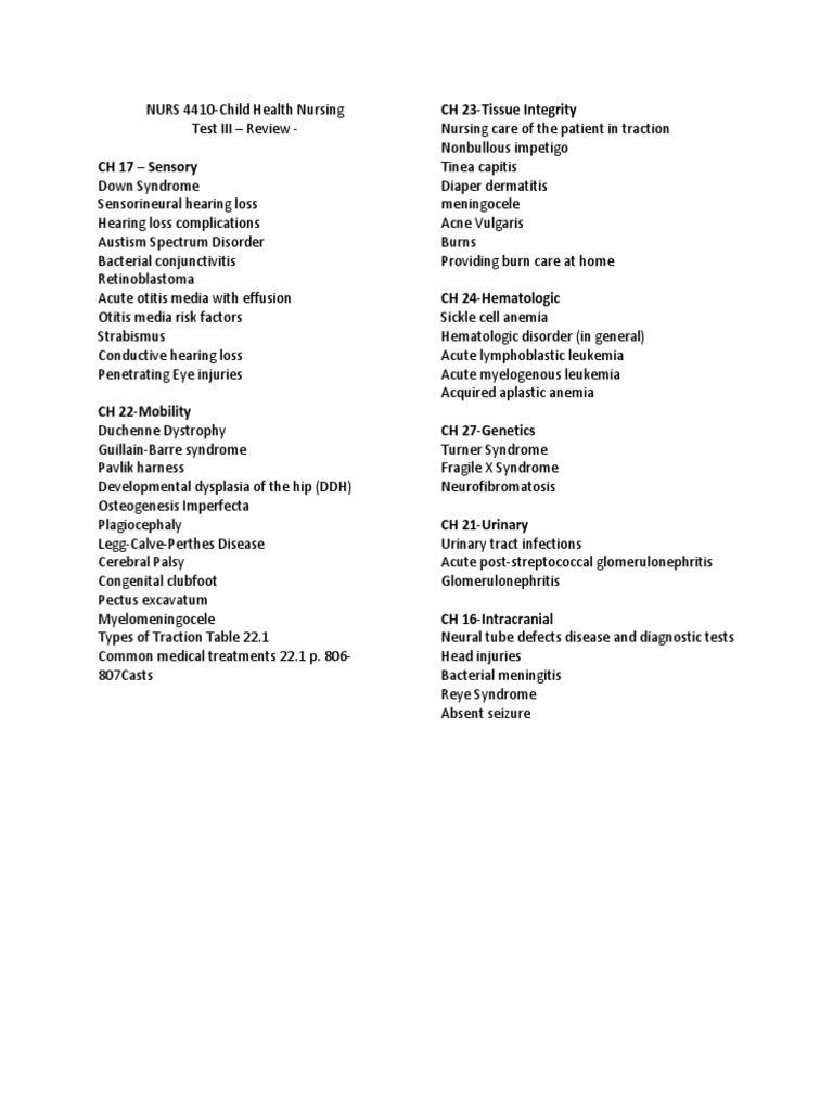 Peds Test III Review | PDF | Neurological Disorders | Nervous System