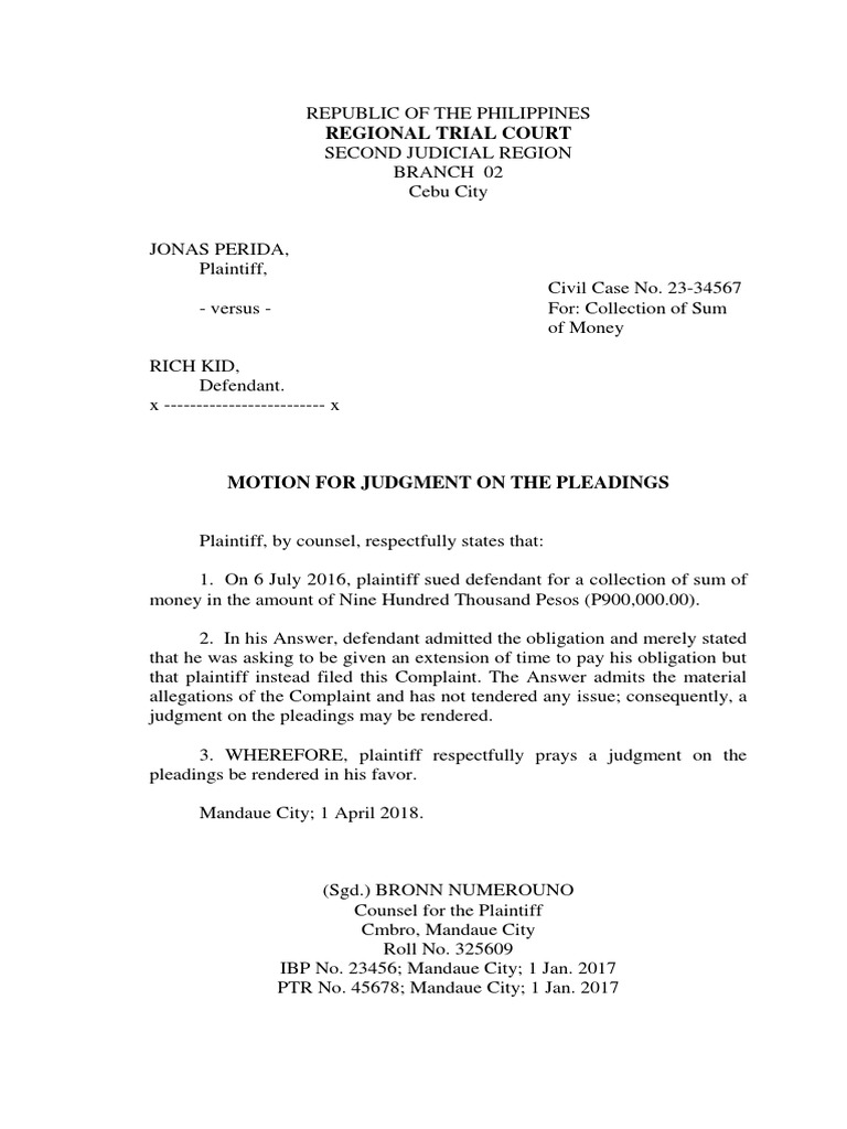 Motion for judgment on the pleadings pdf