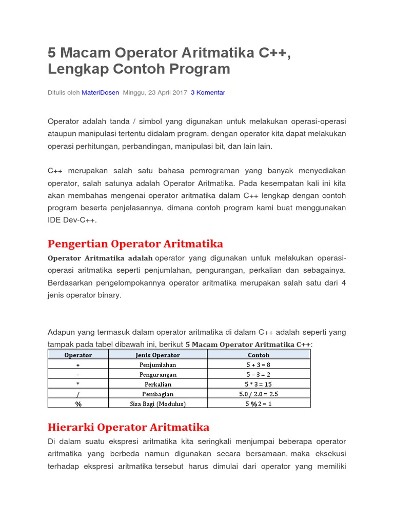 5 Macam Operator Aritmatika C | PDF