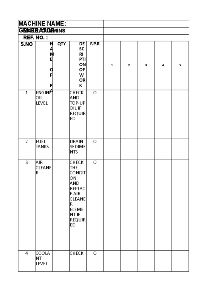 Machine Name Generator Make Cummins Ref. No. S.No N A M E O F P A
