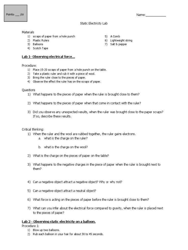 Static Lab | PDF | Electric Charge | Electricity