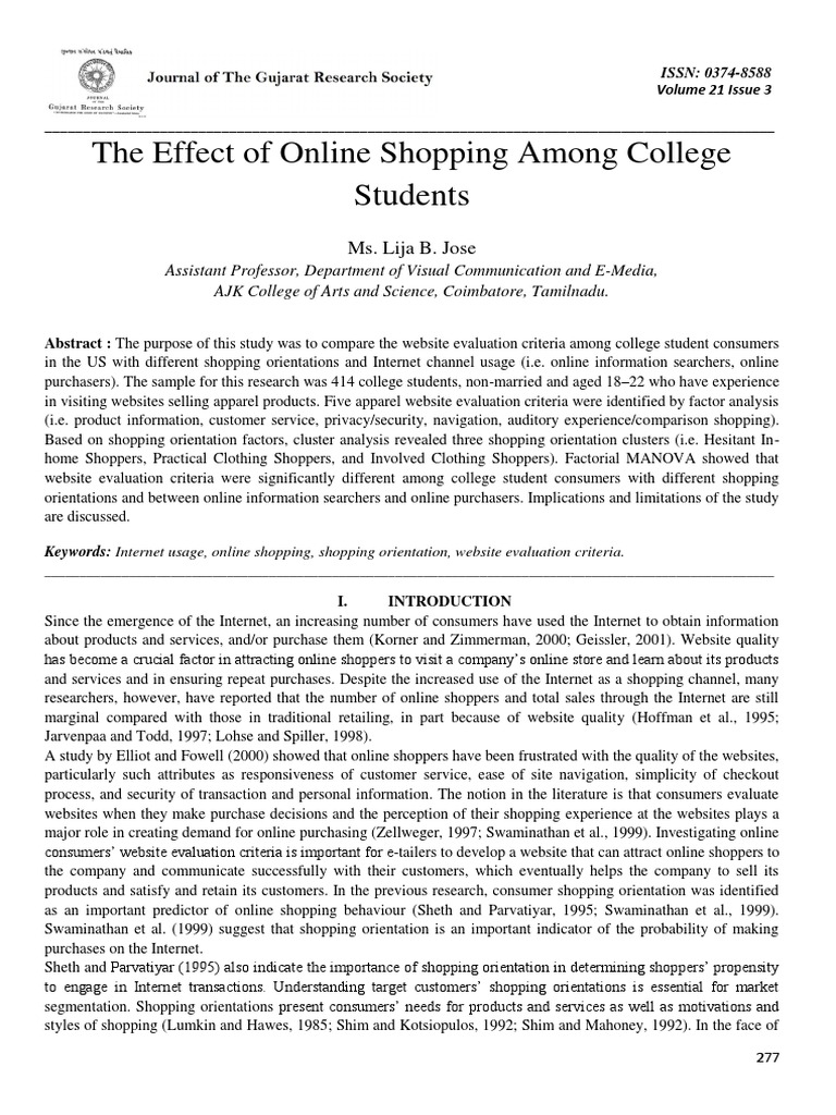 The Effect of Online Shopping Among College Students Ms. Lija B. Jose
