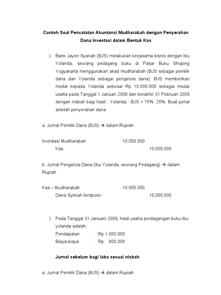 Contoh Soal An Akuntansi Mudharabah Dengan An Dana Investasi Dalam Bentuk Kas31 Pdf